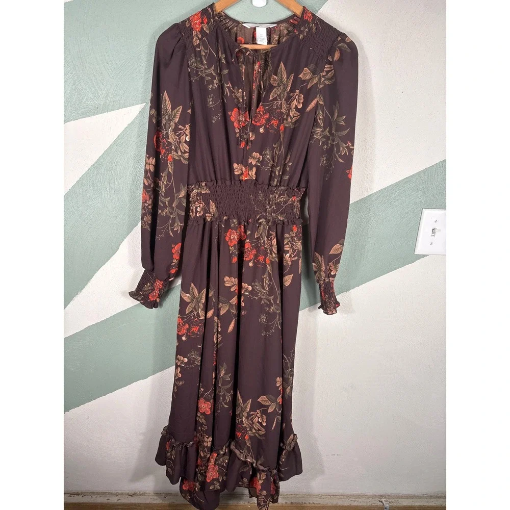 H&M Women's Size 6 Floral Smocked Brown Long Sleeve Ruffle Hem Boho Maxi Dress - Picture 11 of 13